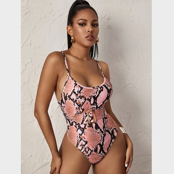 Reptile Print Pink Belted Monokini One Piece - Picture 4 of 9
